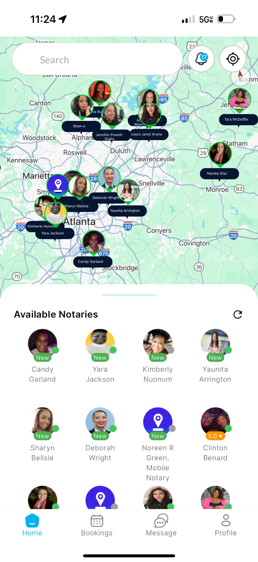 NotaryPing app showing available notaries on interactive map
